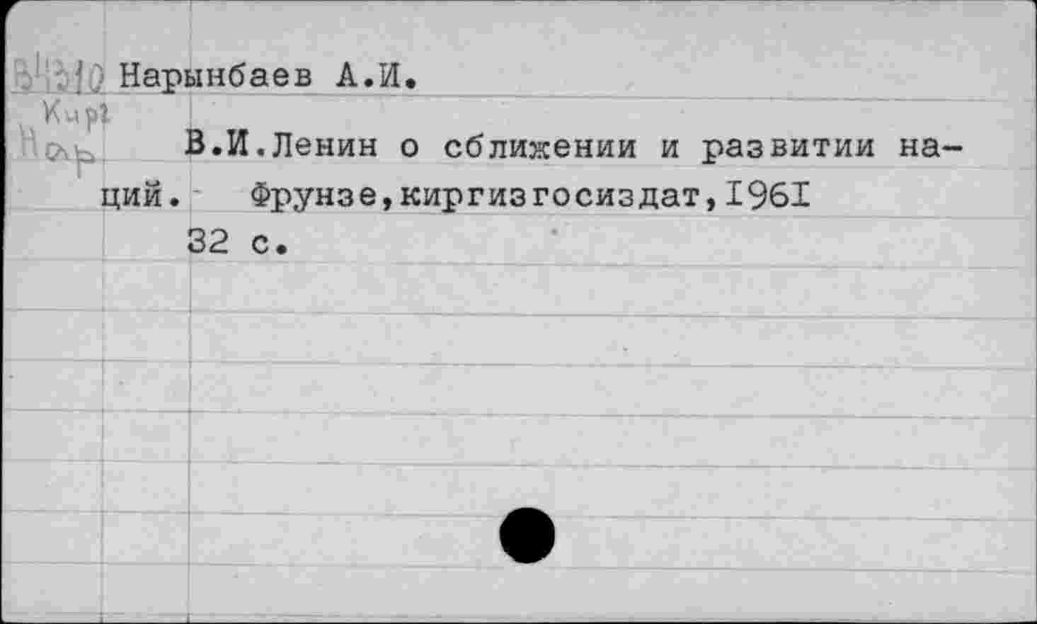 ﻿Нарынбаев А.И.
В.И.Ленин о сближении и развитии наций. Фрунзе,киргизгосиздат, 1961
32 с.